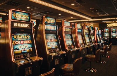 Reihe vintage Slot-Automaten mit orangefarbener Neon-Beleuchtung in einem dunklen Casino-Saal