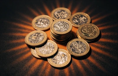 Goldene Casinom&uuml;nzen-Stapel mit orangefarbener Gl&uuml;hlicht auf dunkler Oberfl&auml;che f&uuml;r den ersten Willkommensbonus