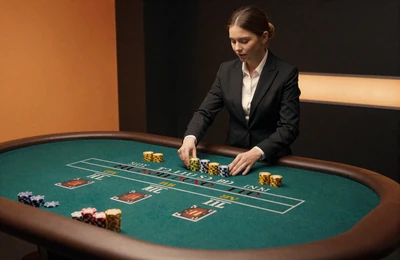 Live-Dealer-Blackjack-Tisch mit professioneller Dealerin und warmen orangefarbenen Akzentlichtern