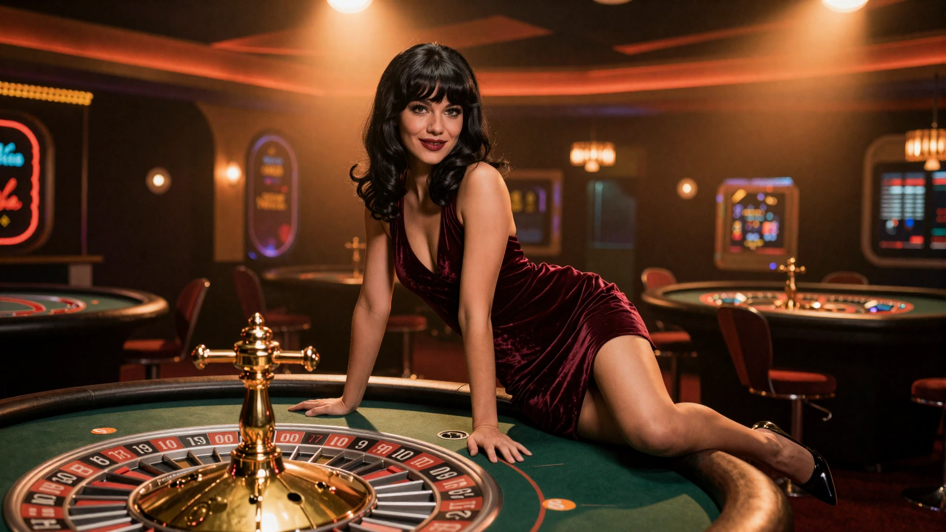Modell im burgunderfarbenen Samtkleid der 70er Jahre lehnt elegant an einem Roulette-Tisch mit goldenem Rad und orangefarbener Beleuchtung im Vox Casino
