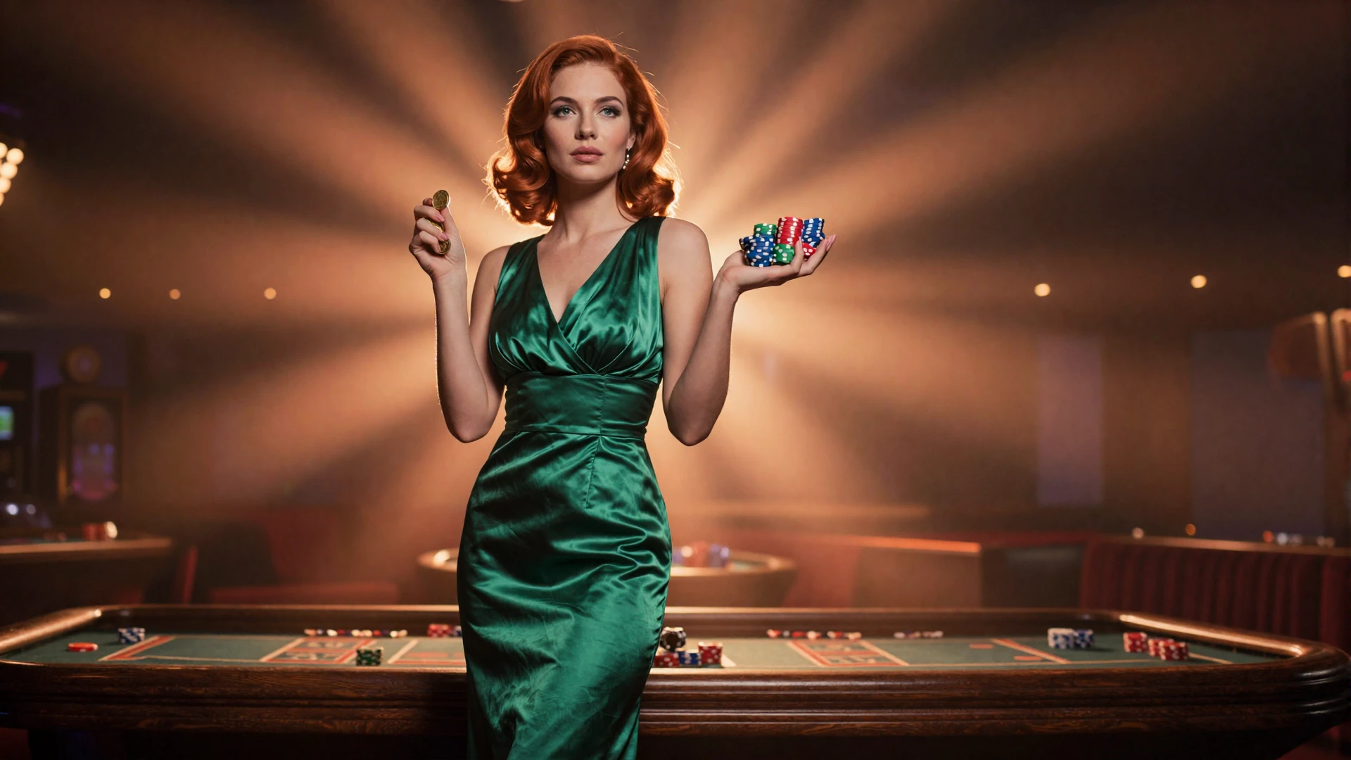 Modell im smaragdgr&uuml;nen Satin-Abendkleid der 70er Jahre mit goldenen M&uuml;nzen und Casino-Chips im warmen orangefarbenen Licht von Vox Casino