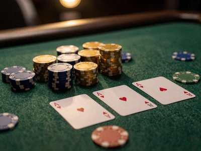 Blackjack-Karten auf gr&uuml;nem Filz mit goldenen Chips und warmem Licht