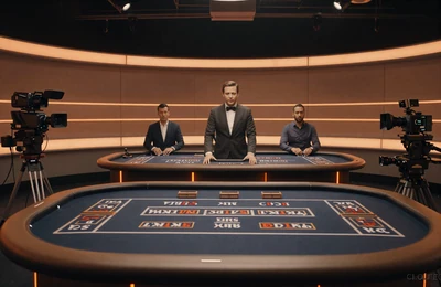 Live-Casino-Studio mit professionellem Dealer und orangefarbenen Akzentlichtern
