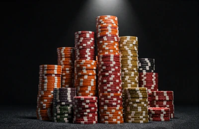 Turm aus gestapelten Casino-Chips im Scheinwerferlicht f&uuml;r den vierten Willkommensbonus bei Vox Casino