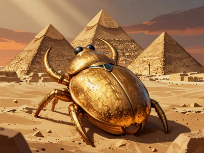 &Auml;gyptisch-Thematischer Slot mit goldener Scarab&auml;e und Pyramiden im Hintergrund