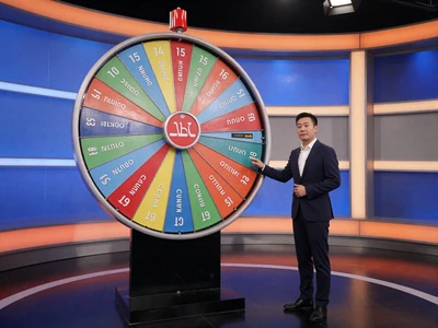 Live-Game-Show-Studio mit gro&szlig;em buntem Gl&uuml;cksrad und Moderator