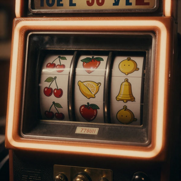 Vintage Slot-Automat-Walzen mit orangefarbenem Neonrahmen und Fruchtsymbolen f&uuml;r Freispiel-Angebote bei Vox Casino